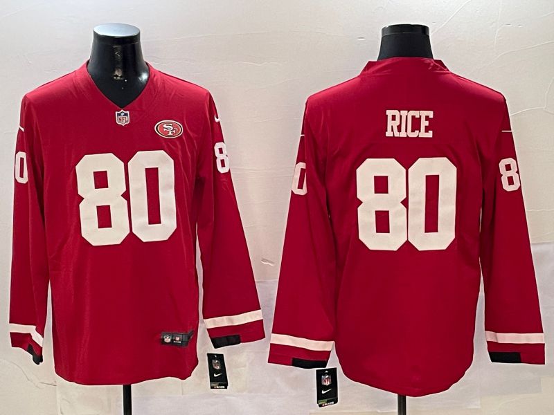 Men San Francisco 49ers #80 Rice Red long sleeve 2024 Nike NFL Jersey style 0104